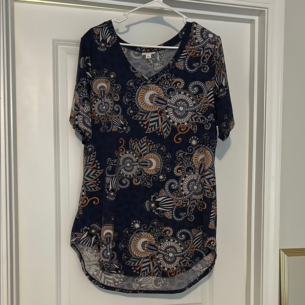 LuLaRoe Blue and Orange Paisley V neck T shirt